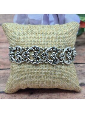Silver Tone Ornate Heart Scroll Filigree Link Bracelet 7” Magnetic Clasp